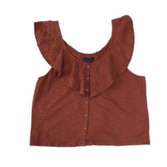 American Eagle Rust Orange Women’s Eyelet Ruffle Cotton Blouse Size XL - Picture 1 of 6